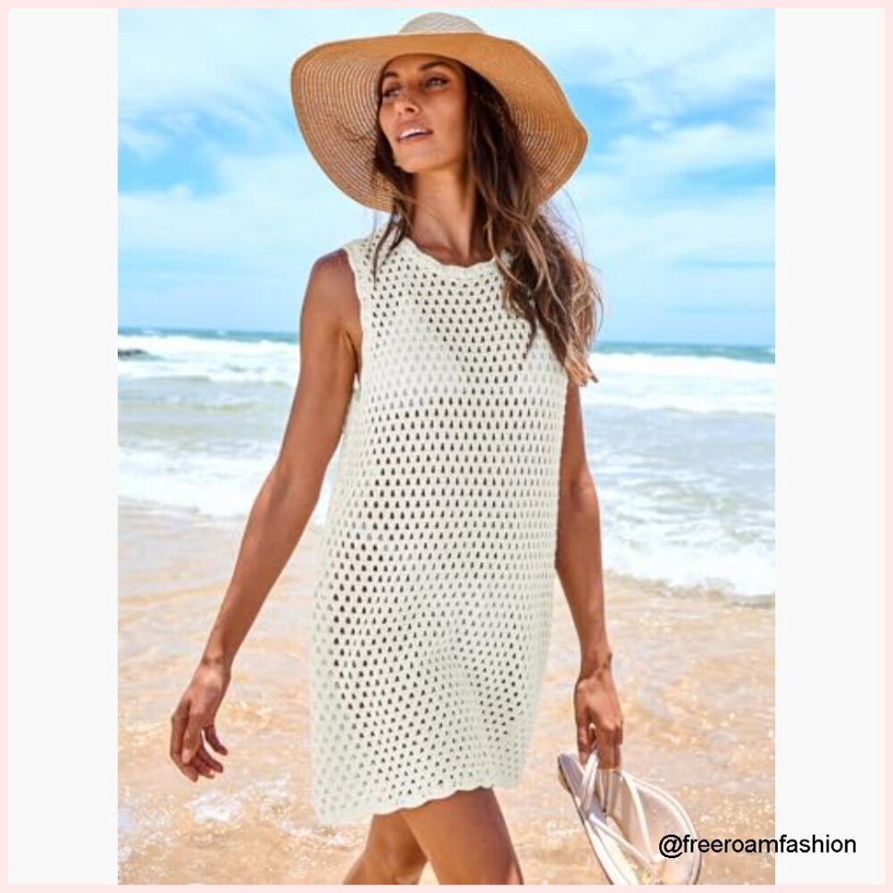 Sleeveless Knit Crochet Mini Beach Dress Coverup Loose Fit - Picture 3 of 7